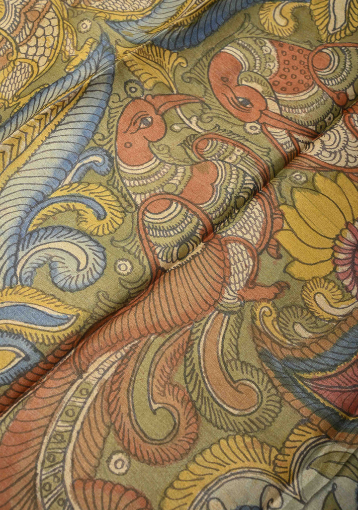 Gray Authentic Pen Kalamkari on Pure Tussar Silk Saree  with Peacok and Floral Theme| SILK MARK CERTIFIED