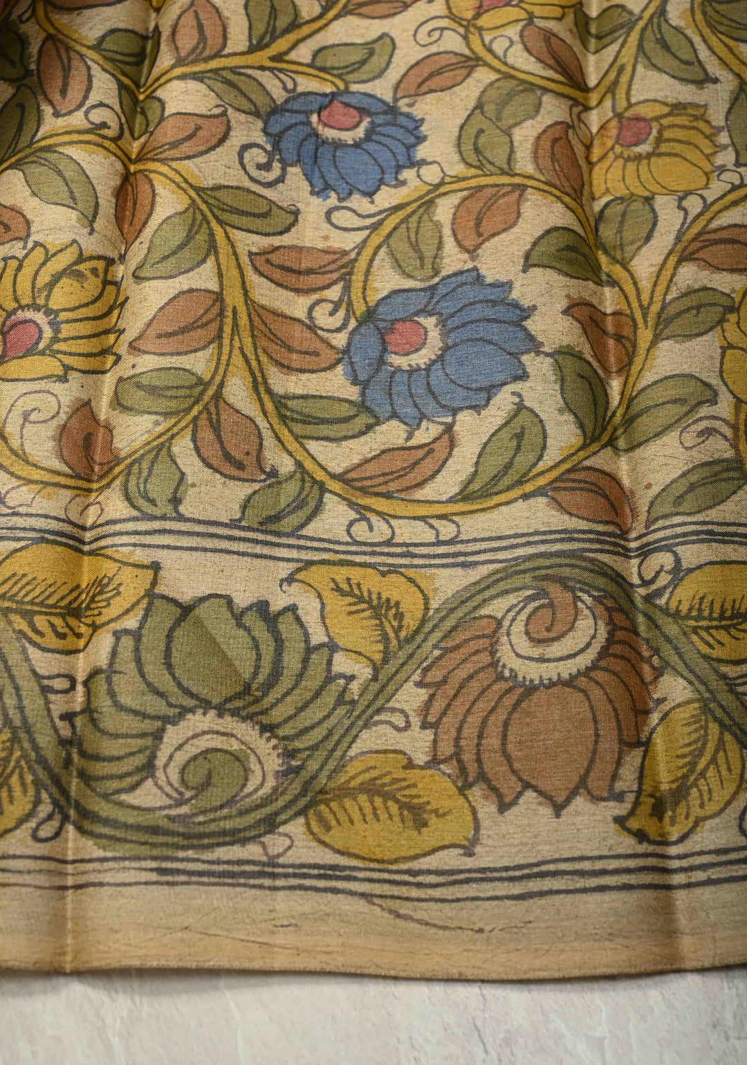 Gray Authentic Pen Kalamkari on Pure Tussar Silk Saree  with Peacok and Floral Theme| SILK MARK CERTIFIED