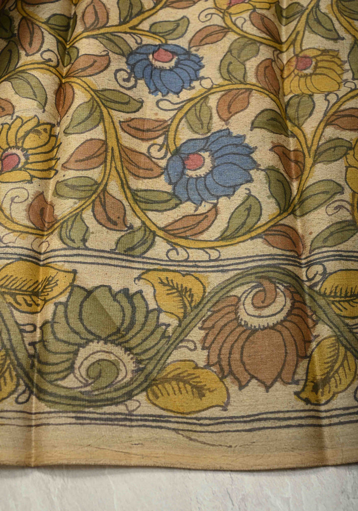 Gray Authentic Pen Kalamkari on Pure Tussar Silk Saree  with Peacok and Floral Theme| SILK MARK CERTIFIED