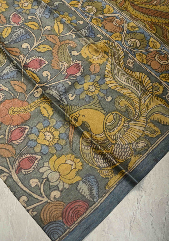 Gray Authentic Pen Kalamkari on Pure Tussar Silk Saree  with Peacok and Floral Theme| SILK MARK CERTIFIED