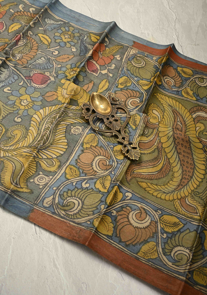 Gray Authentic Pen Kalamkari on Pure Tussar Silk Saree  with Peacok and Floral Theme| SILK MARK CERTIFIED