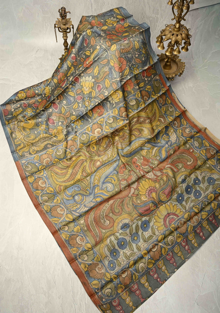 Gray Authentic Pen Kalamkari on Pure Tussar Silk Saree  with Peacok and Floral Theme| SILK MARK CERTIFIED
