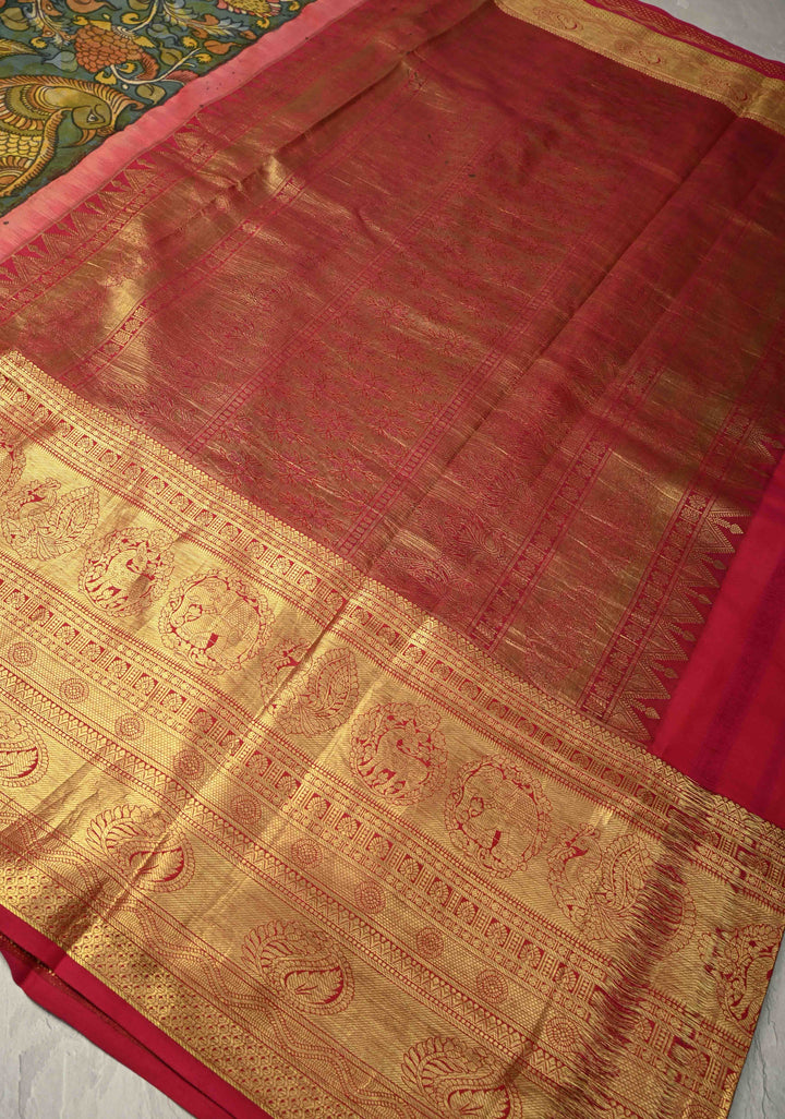 Peacock and Floral Theme : Greenish Blue Authentic Pen Kalamkari HandPainted  on Pure Kanjivaram Silk Saree with Contrast Wide Zari Border | SILK MARK CERTIFIED