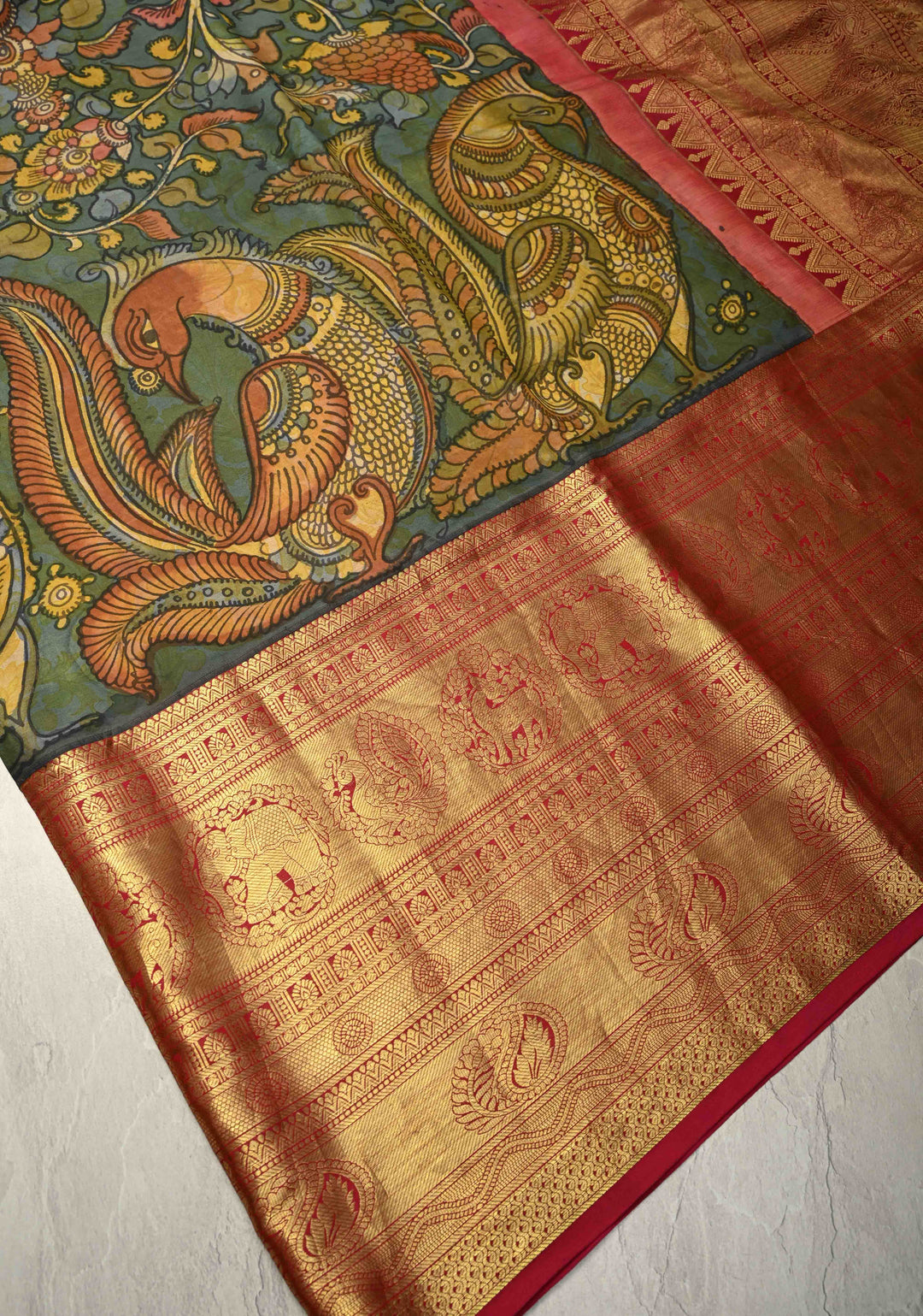 Peacock and Floral Theme : Greenish Blue Authentic Pen Kalamkari HandPainted  on Pure Kanjivaram Silk Saree with Contrast Wide Zari Border | SILK MARK CERTIFIED