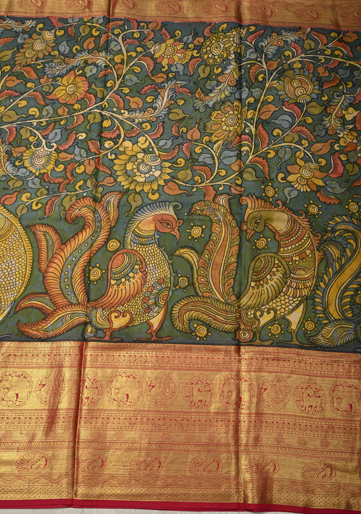 Peacock and Floral Theme : Greenish Blue Authentic Pen Kalamkari HandPainted  on Pure Kanjivaram Silk Saree with Contrast Wide Zari Border | SILK MARK CERTIFIED