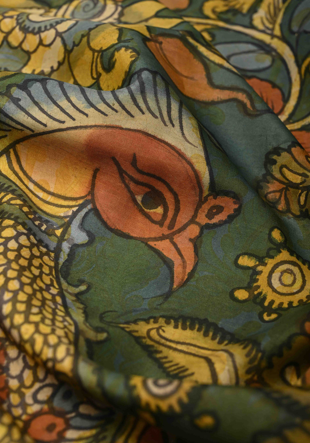 Peacock and Floral Theme : Greenish Blue Authentic Pen Kalamkari HandPainted  on Pure Kanjivaram Silk Saree with Contrast Wide Zari Border | SILK MARK CERTIFIED