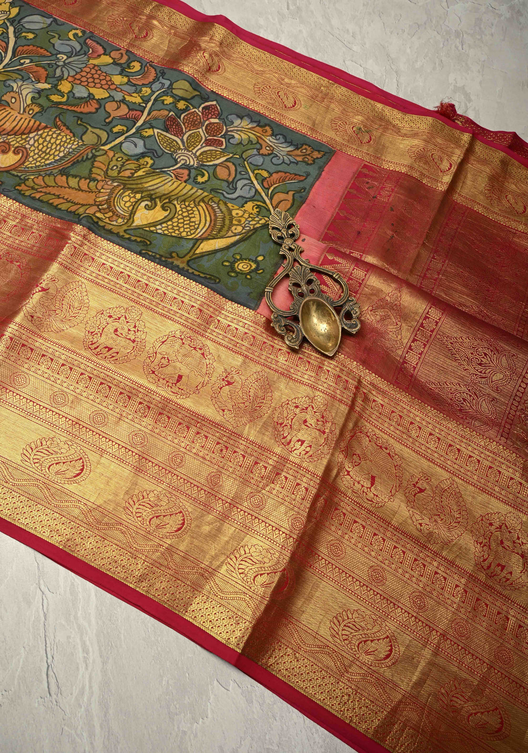 Peacock and Floral Theme : Greenish Blue Authentic Pen Kalamkari HandPainted  on Pure Kanjivaram Silk Saree with Contrast Wide Zari Border | SILK MARK CERTIFIED