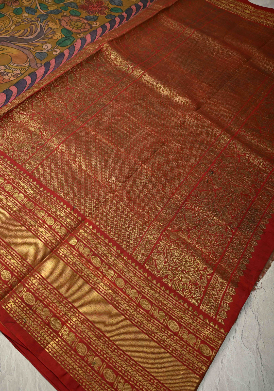 Authentic Pen Kalamkari HandPainted  on Pure Kanjivaram Silk Saree with Contrast Zari Border | SILK MARK CERTIFIED