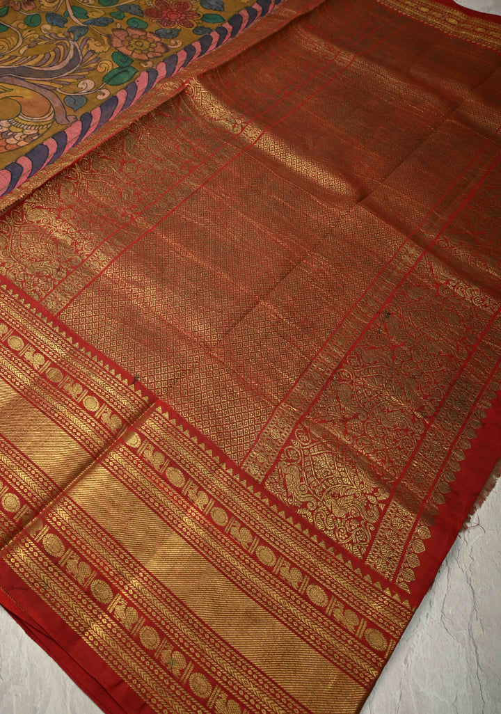 Authentic Pen Kalamkari HandPainted  on Pure Kanjivaram Silk Saree with Contrast Zari Border | SILK MARK CERTIFIED