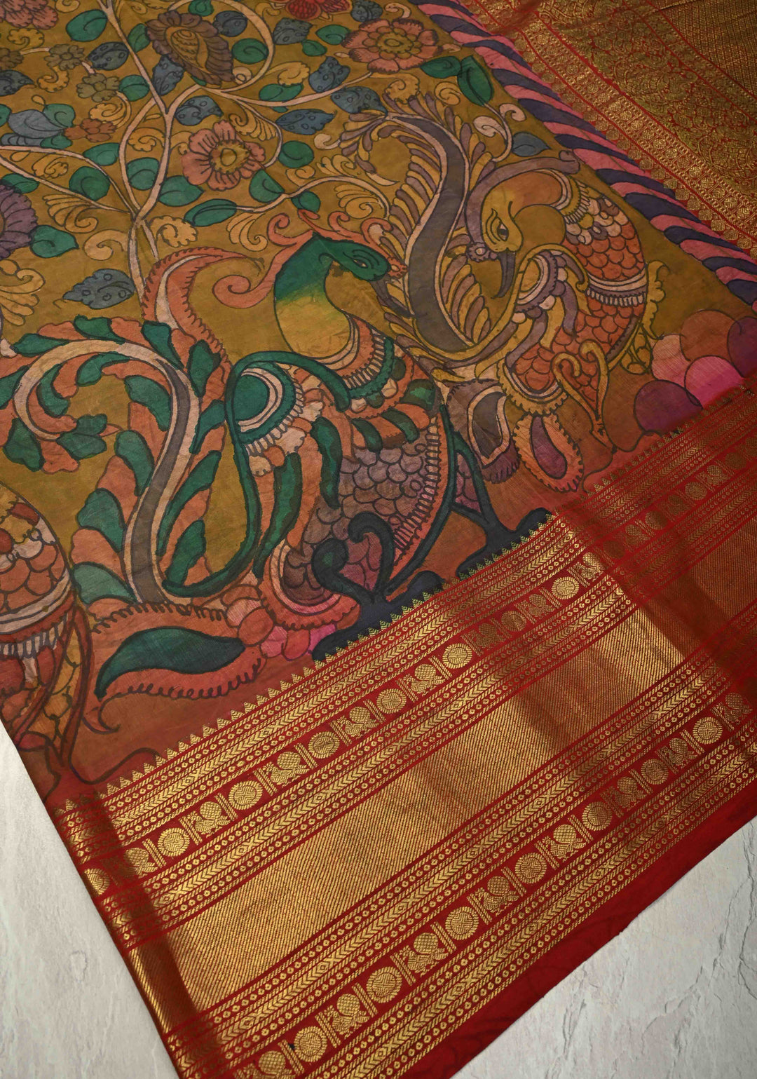 Authentic Pen Kalamkari HandPainted  on Pure Kanjivaram Silk Saree with Contrast Zari Border | SILK MARK CERTIFIED