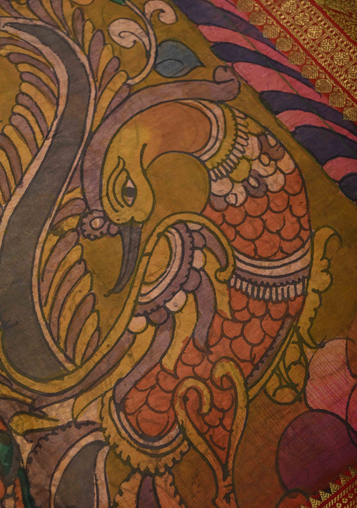 Authentic Pen Kalamkari HandPainted  on Pure Kanjivaram Silk Saree with Contrast Zari Border | SILK MARK CERTIFIED