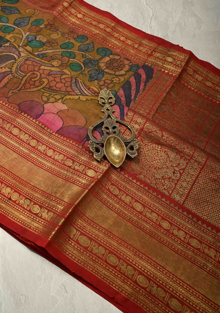 Authentic Pen Kalamkari HandPainted  on Pure Kanjivaram Silk Saree with Contrast Zari Border | SILK MARK CERTIFIED