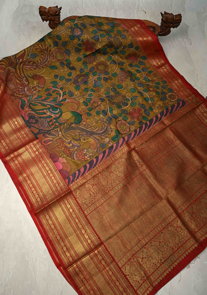 Authentic Pen Kalamkari HandPainted  on Pure Kanjivaram Silk Saree with Contrast Zari Border | SILK MARK CERTIFIED