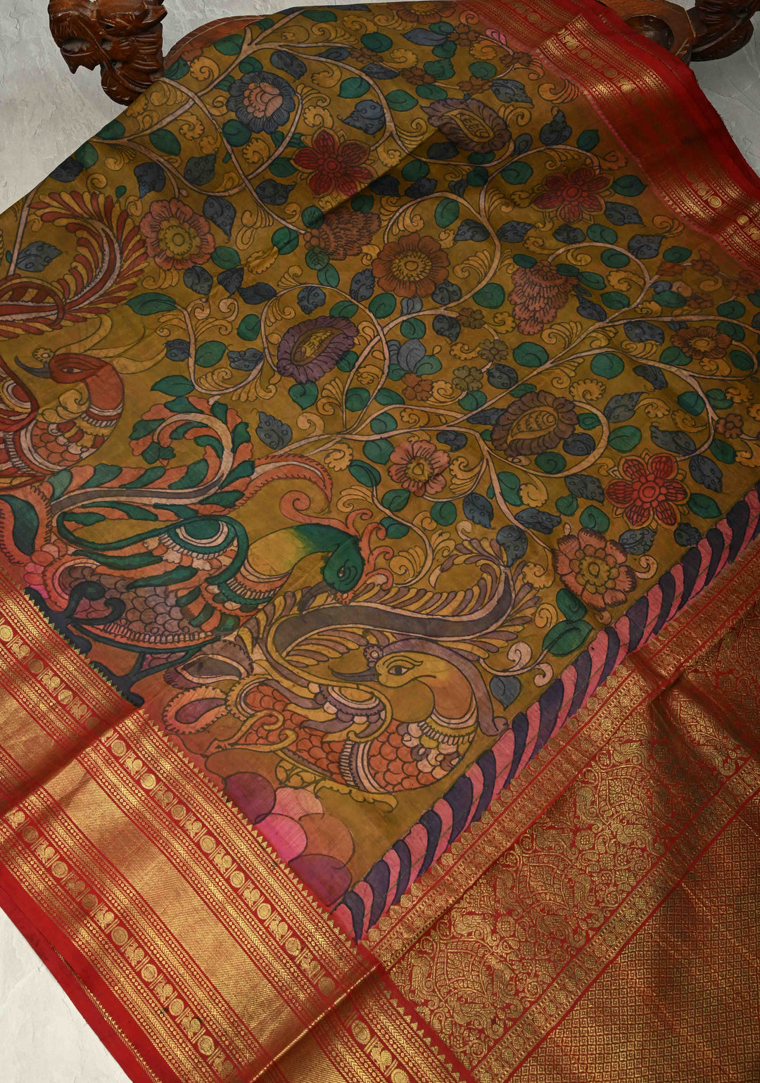 Authentic Pen Kalamkari HandPainted  on Pure Kanjivaram Silk Saree with Contrast Zari Border | SILK MARK CERTIFIED