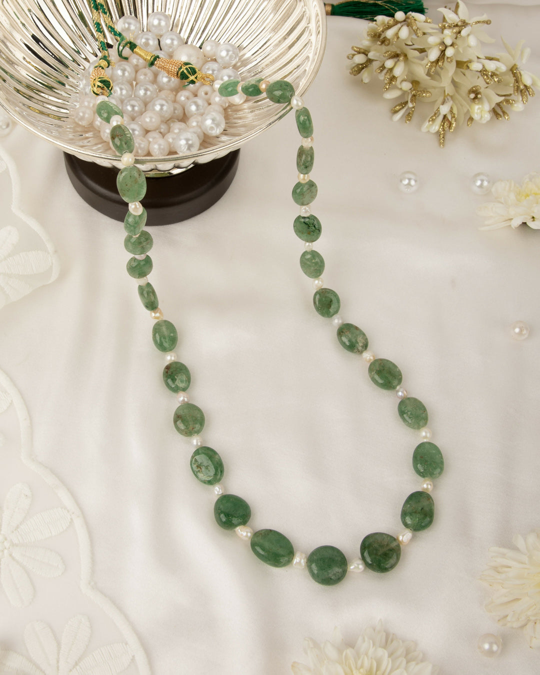 Chandrika Vana: Aventurine & Pearl Mala  | SHOBITAM