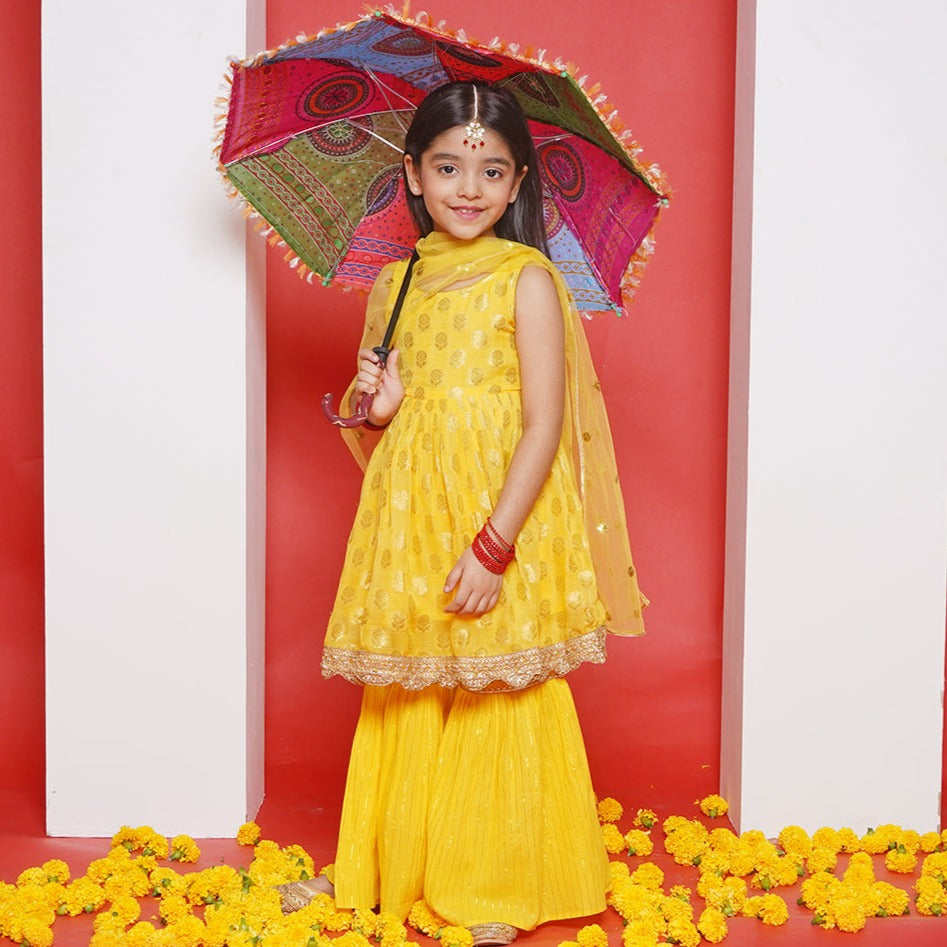 Banarsi Floral Frock Style Kurta with Gold Strip Sharara & Dupatta -Haldi Yellow | SHOBITAM