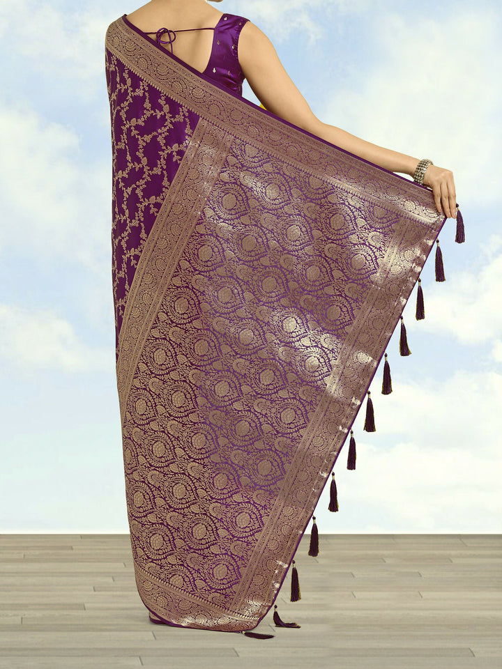 Purple Banarasi Satin Silk Golden Meenakari Work Saree | SHOBITAM