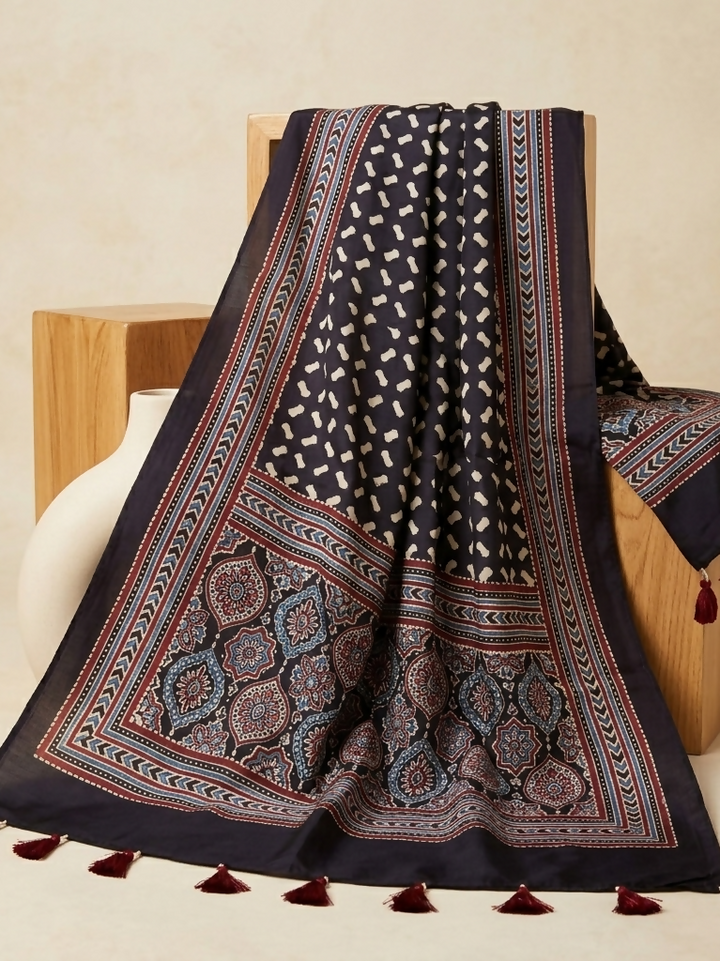 Kohl Black Silk Ajrakh Dupatta-cum-Shawl I Handcrafted | SHOBITAM