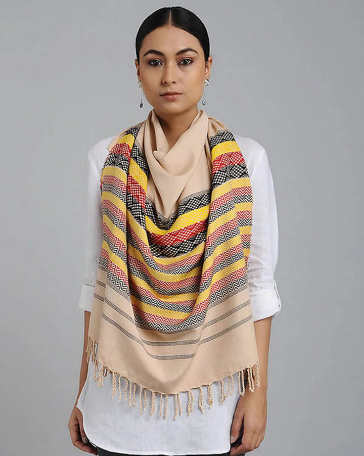 Beige Chevron Eri Silk Stole