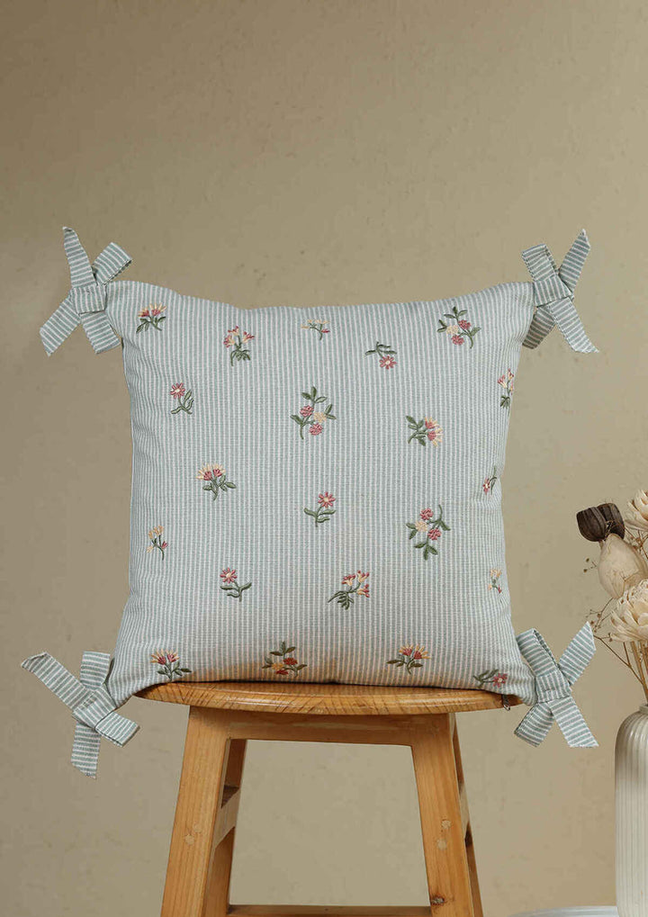 Belle Teal Embroidered 100% Cotton Cushion Cover For Sofa | SHOBITAM