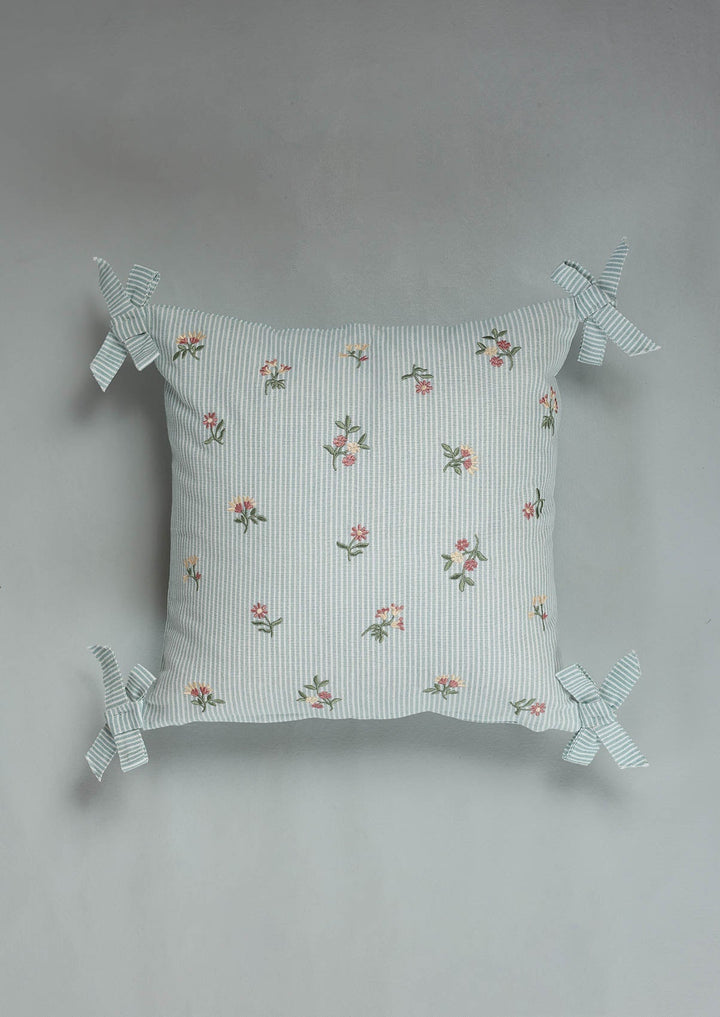 Belle Teal Embroidered 100% Cotton Cushion Cover For Sofa | SHOBITAM