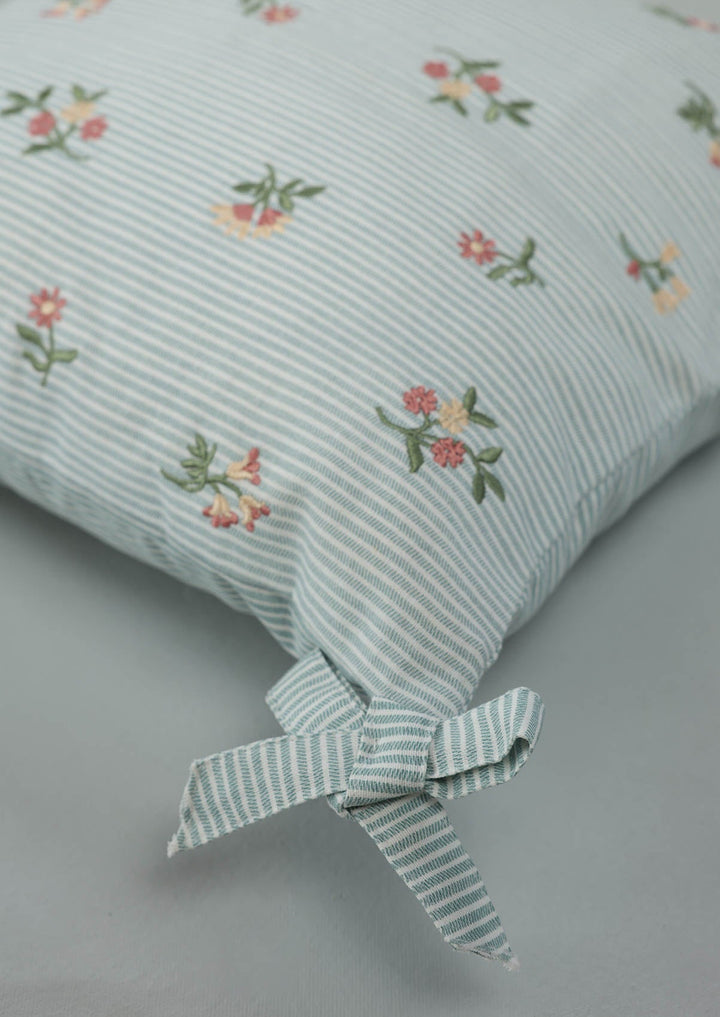 Belle Teal Embroidered 100% Cotton Cushion Cover For Sofa | SHOBITAM
