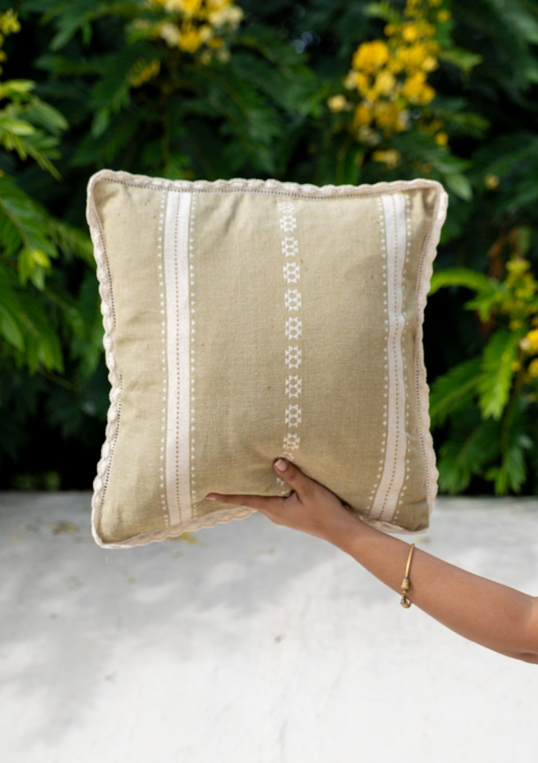 Bhumi Textured Green Linen Cotton Cushion Cover for Sofa – 16"x 16" | SHOBITAM