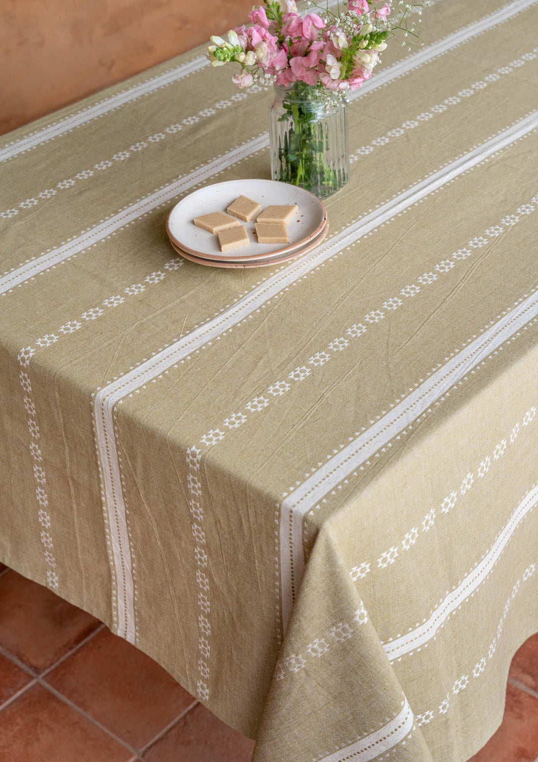 Bhumi Linen Cotton Textured Green Table Cloth | SHOBITAM