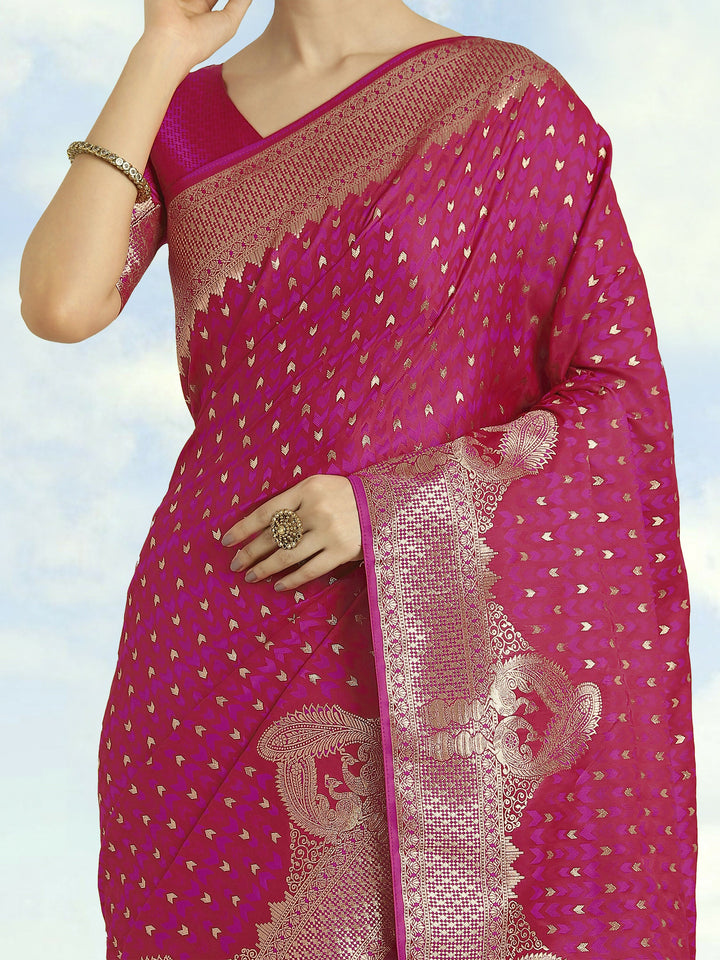 Rani Pink Woven Banarasi Satin Silk Saree | SHOBITAM
