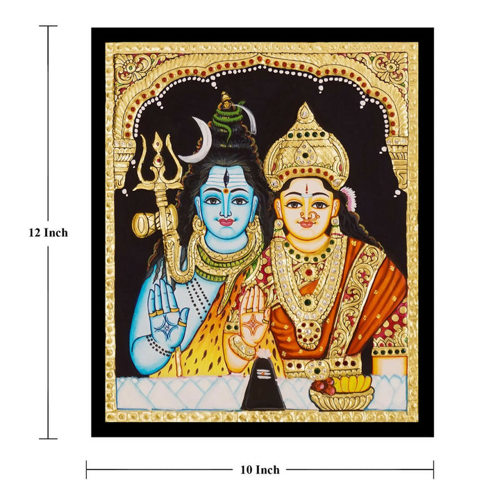12*10 TANJORE PAINTING SHIVA PARVATHI Authentic With 22 Ct Gold Foil and Jaipur Gemstones,Unframed | SHOBITAM