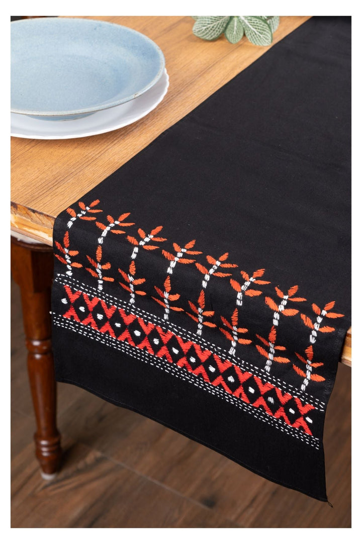 Black Floral Kantha Cotton dining Table Runner | SHOBITAM