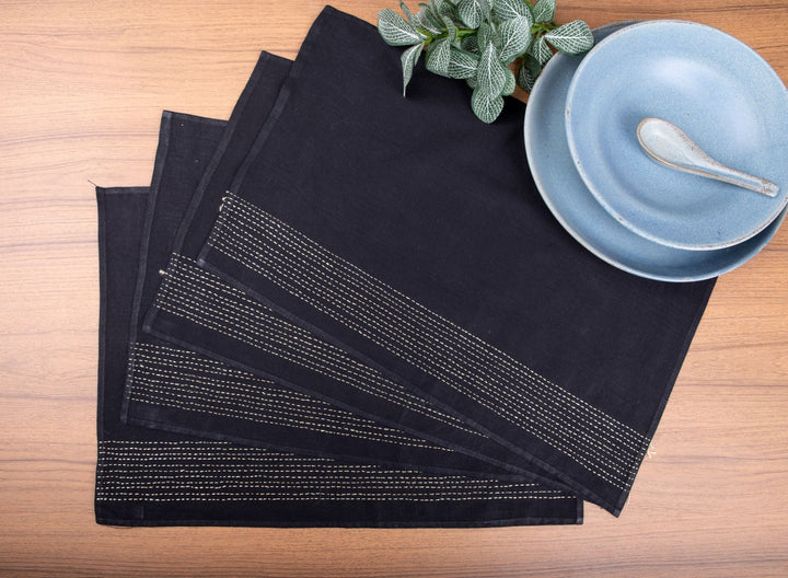 Black Zari Kantha Cotton Table Mats- 4Pack | SHOBITAM