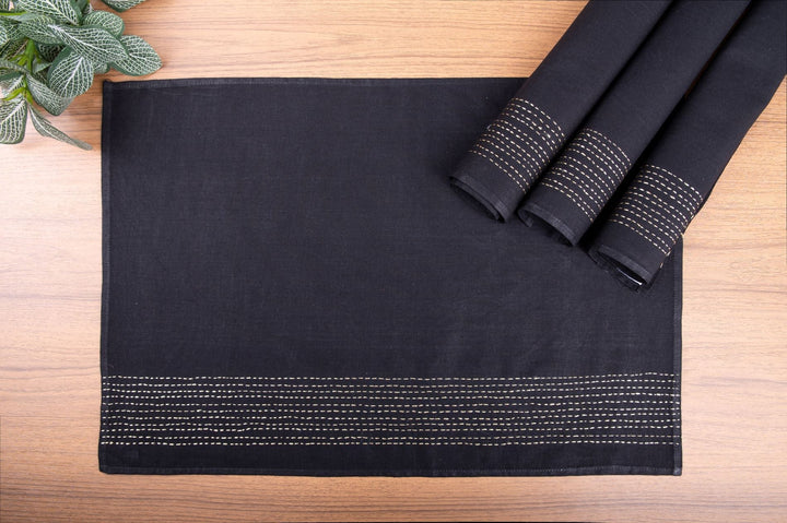 Black Zari Kantha Cotton Table Mats- 4Pack | SHOBITAM