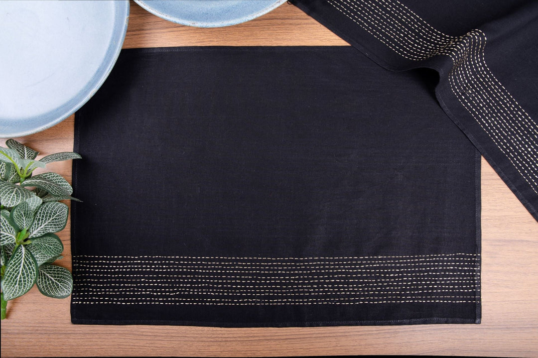 Black Zari Kantha Cotton Table Mats- 4Pack | SHOBITAM