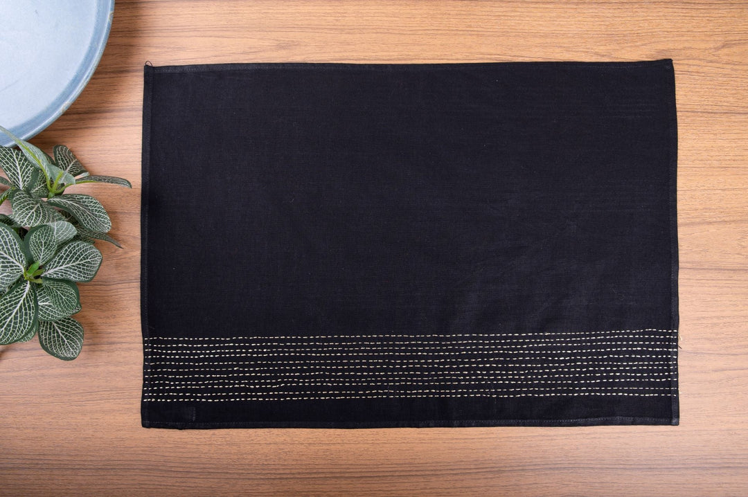 Black Zari Kantha Cotton Table Mats- 4Pack | SHOBITAM