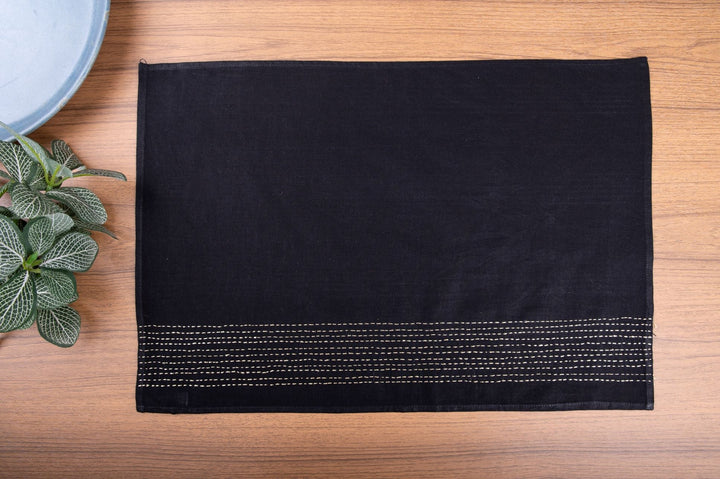 Black Zari Kantha Cotton Table Mats- 4Pack | SHOBITAM