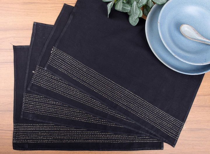 Black Zari Kantha Cotton Table Mats- 4Pack | SHOBITAM