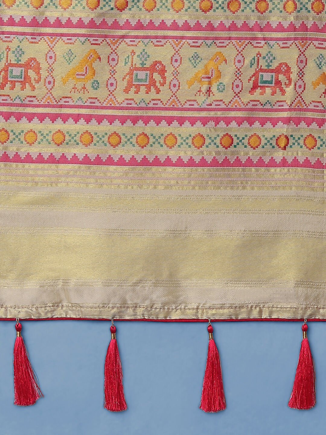 Cream Semi Banarasi Satin Silk Saree With Patola Work | SHOBITAM