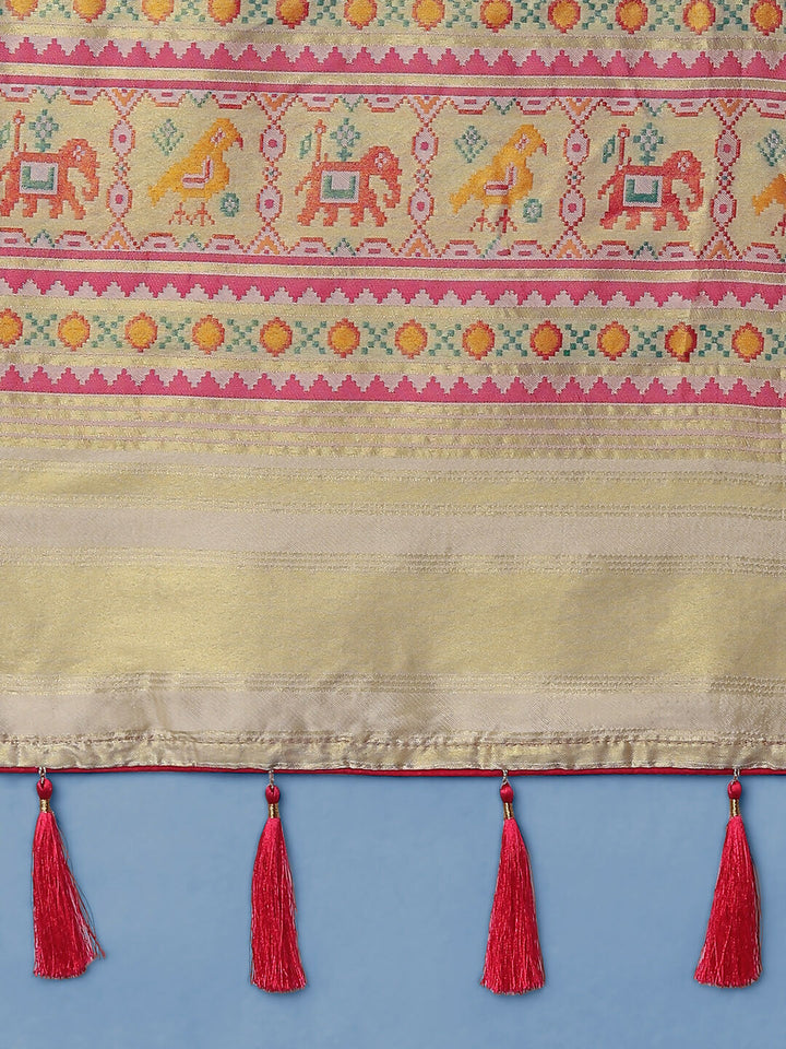Cream Semi Banarasi Satin Silk Saree With Patola Work | SHOBITAM
