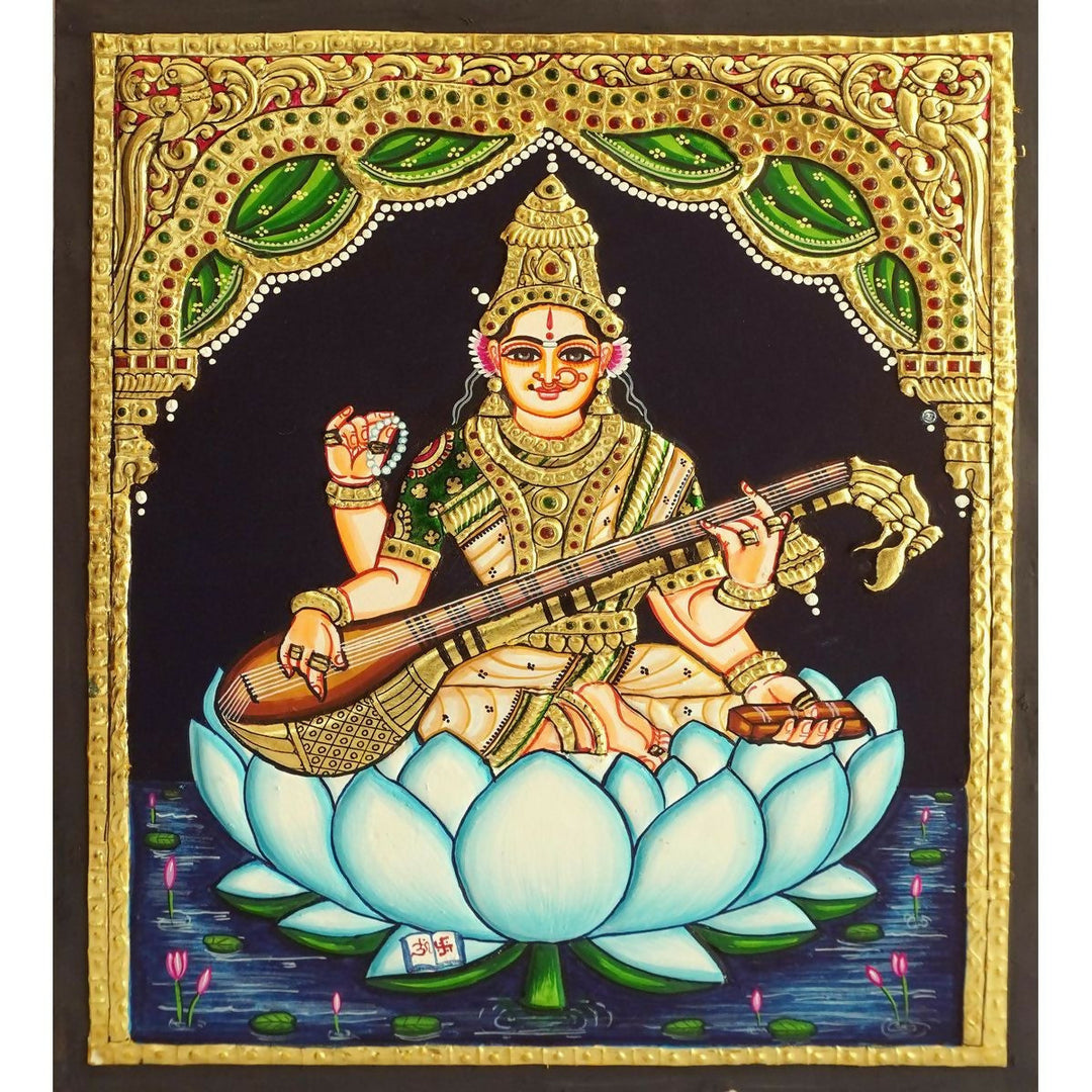 10*12 TANJORE PAINTING Goddess Saraswathi Authentic With 22 Ct Gold Foil and Jaipur Gemstones,Unframed