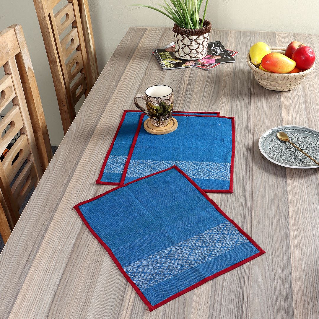 Blue Red Axomiya Cotton Table Mats- 3 Pack | SHOBITAM