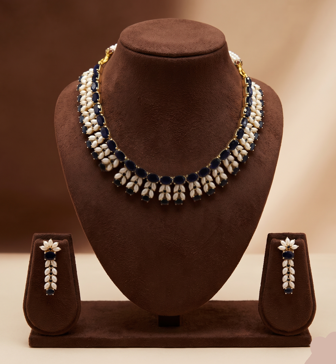 Sapphire Glow AD & Freshwater Pearl Choker Set | SHOBITAM