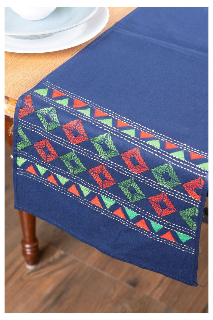 Blue Diamonds Kantha Cotton Dining Table Runner | SHOBITAM