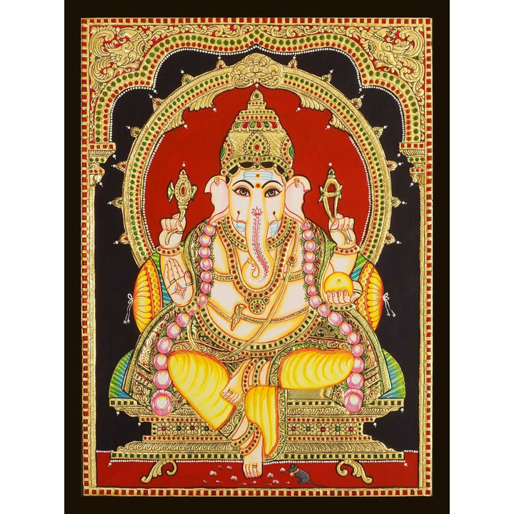 18*24 Authentic TANJORE PAINTING YELLOW DHOTHI GANESHA With 22 Ct gold Foil and Jaipur Gemstones,Unframed | SHOBITAM