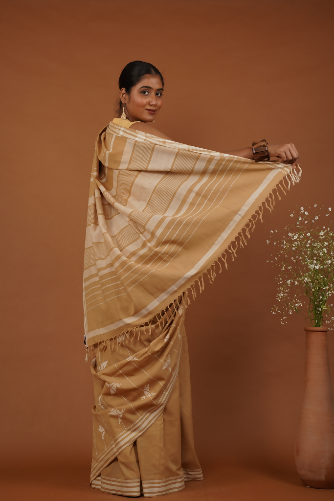 Flying Bird Handwoven Bawan Buti Golden Musturad Cotton Saree | SHOBITAM