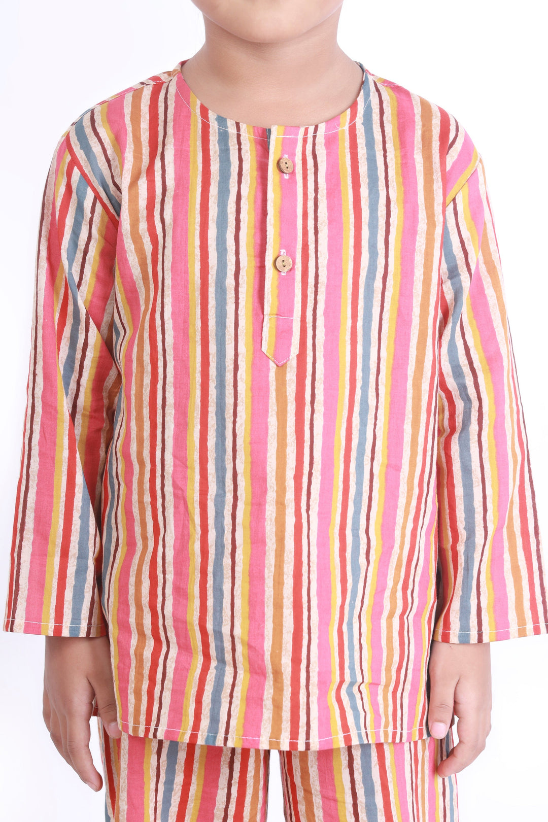 Colour Bomb Cotton Stripes Print Cotton Kurta Pyjama Nightsuit for Kids Unisex | SHOBITAM