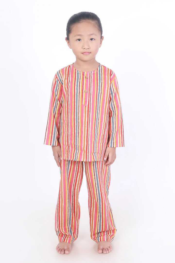 Colour Bomb Cotton Stripes Print Cotton Kurta Pyjama Nightsuit for Kids Unisex | SHOBITAM