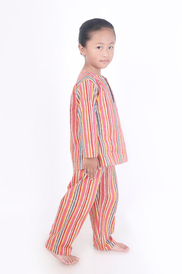 Colour Bomb Cotton Stripes Print Cotton Kurta Pyjama Nightsuit for Kids Unisex | SHOBITAM
