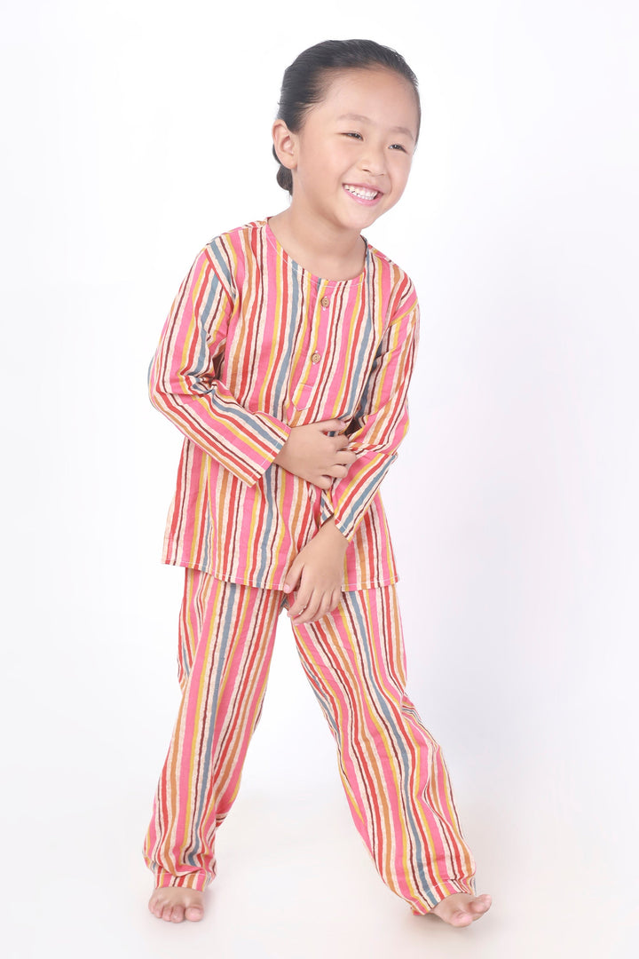 Colour Bomb Cotton Stripes Print Cotton Kurta Pyjama Nightsuit for Kids Unisex | SHOBITAM