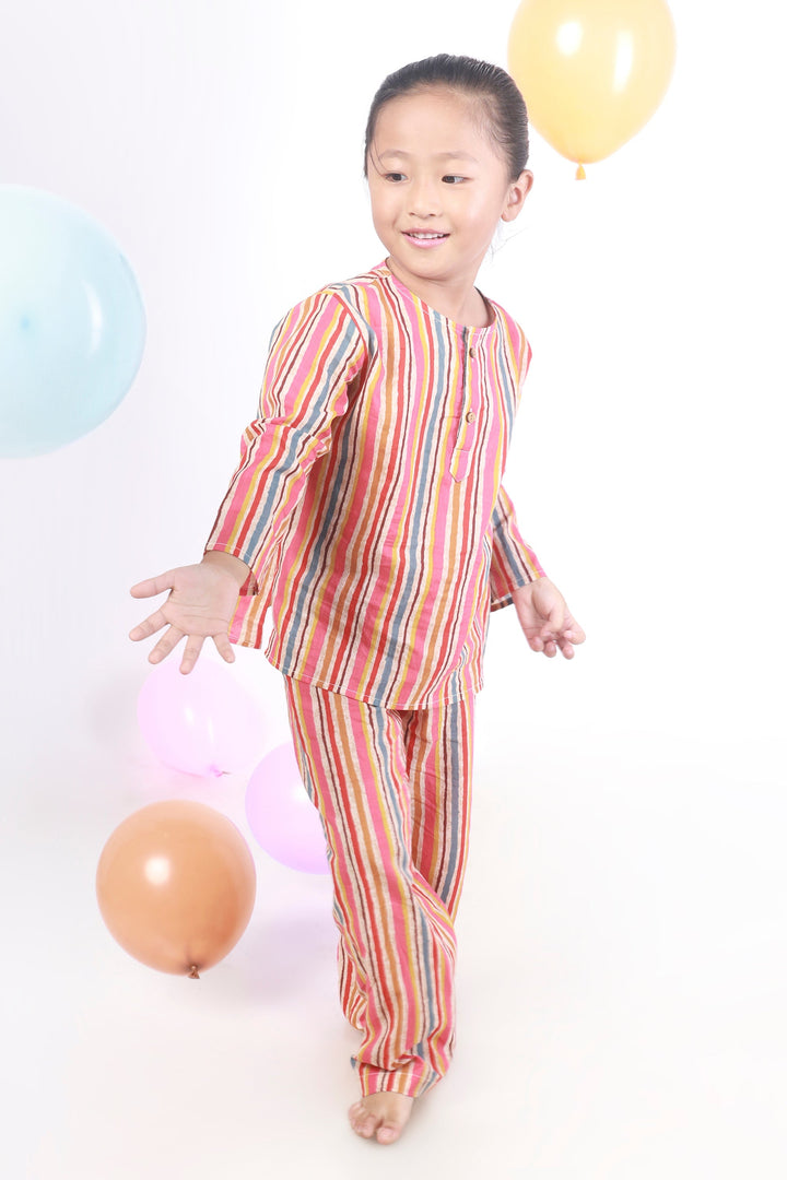 Colour Bomb Cotton Stripes Print Cotton Kurta Pyjama Nightsuit for Kids Unisex | SHOBITAM